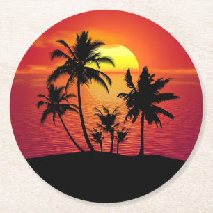 Silhouet van palmbomen bij zonsondergang-65143 ronde kartonnen onderzetter