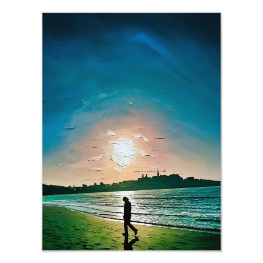 Silhouet van persoon die langs het strand loopt bi foto afdruk (Voorkant)