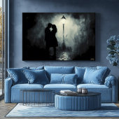 Silhouet van romantisch paar in nevelige straatlan poster