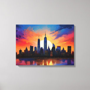Silhouet van stadsgezicht bij schemering canvas afdruk