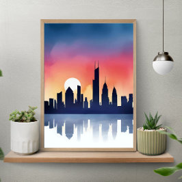 Silhouet van stadsgezicht bij zonsondergang reflec poster