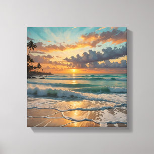 Silhouet van zonsondergang op het strand canvas afdruk