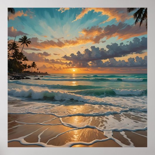 Silhouet van zonsondergang op het strand poster (Voorkant)