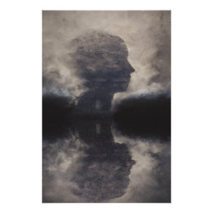 Silhouet voor kolossaal mistgezicht perfect poster
