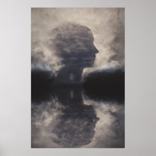 Silhouet voor kolossaal mistgezicht poster