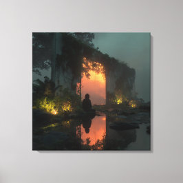 Silhouet voor vurige ruïne zonsondergang canvas afdruk