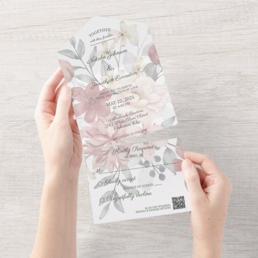 Silhouet Wildflower Boeket met QR Code Alles In All In One Uitnodiging (Afscheurbaar)