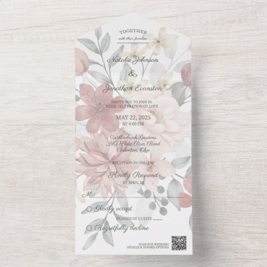 Silhouet Wildflower Boeket met QR Code Alles In All In One Uitnodiging (Binnen)