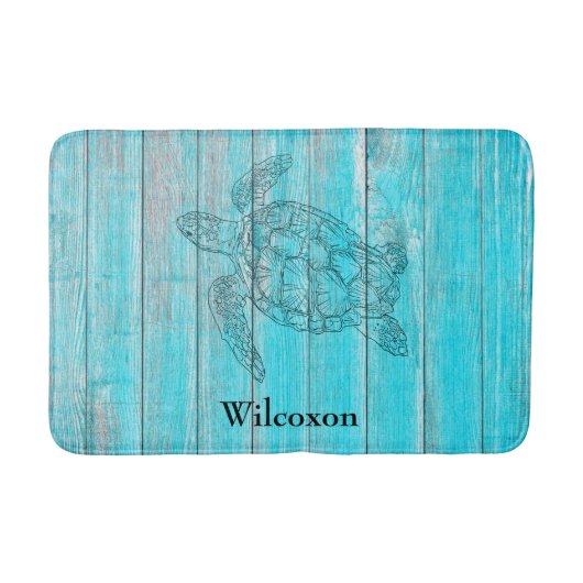 Silhouet Zee Turtle Rustiek Blauwgroen Hout Badmat (Voorkant)