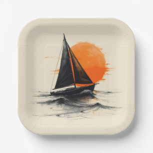 Silhouet Zeilboot Schets Met Oranje Zon Papieren Bordje