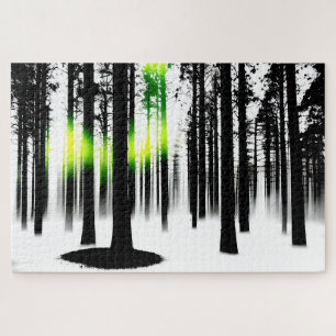 Silhouet Zwart Bos met een Vreemde Groene Gloed Legpuzzel