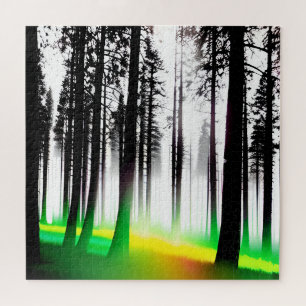 Silhouet Zwarte Bomen met Gele en Groene Mist Legpuzzel