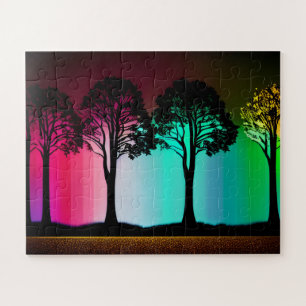 Silhouet Zwarte Bomen met Levendige Kleurenachterg Legpuzzel