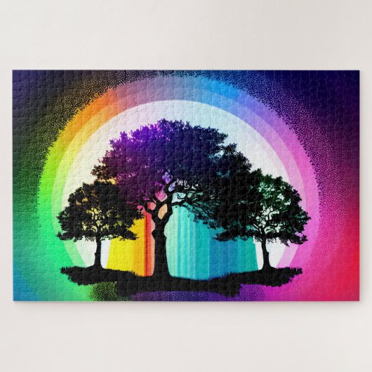 Silhouet Zwarte Bomen Omgeven door Rainbow Hues Legpuzzel (Horizontaal)