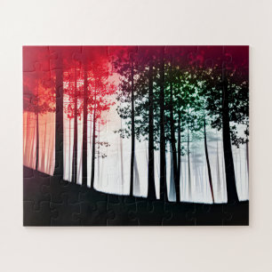 Silhouetbomen in een mistig bos rode mist legpuzzel