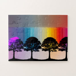 Silhouetbomen met Paarse bladeren Regenboogwand Legpuzzel