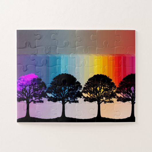 Silhouetbomen met Paarse bladeren Regenboogwand Legpuzzel (Horizontaal)
