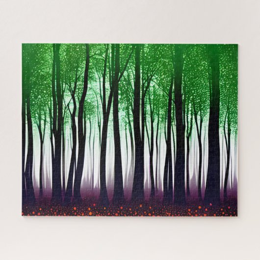 Silhouetbos met groene bladeren Paarse grond Legpuzzel (Horizontaal)