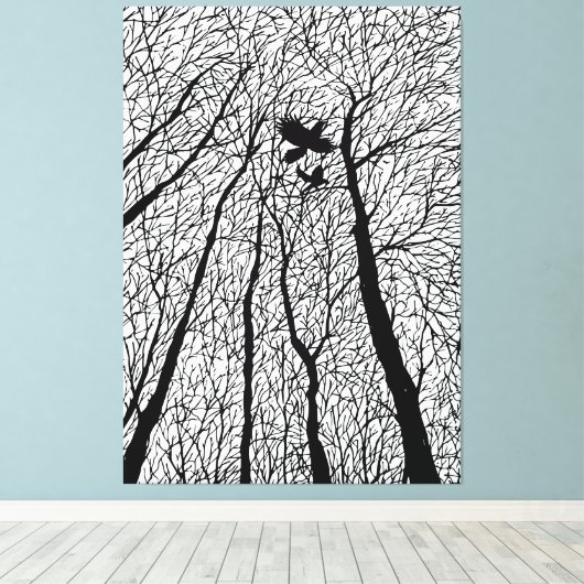 Silhouetraven in de winterbomen canvas afdruk (Insitu (Houten vloer))