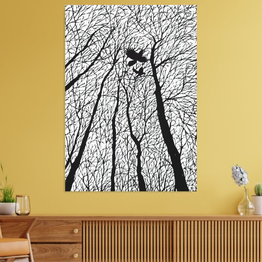 Silhouetraven in de winterbomen canvas afdruk (Insitu (Woonkamer))