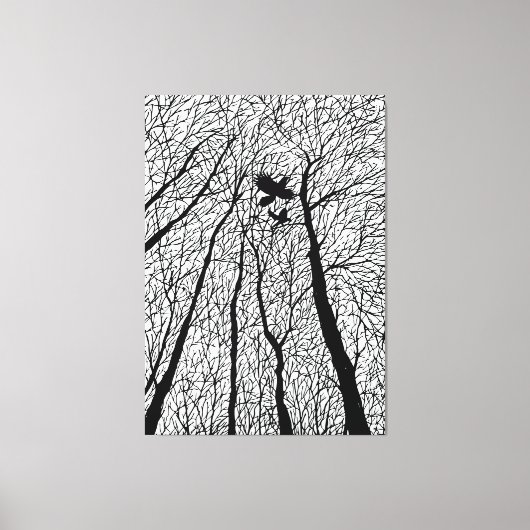 Silhouetraven in de winterbomen canvas afdruk (Voorkant)