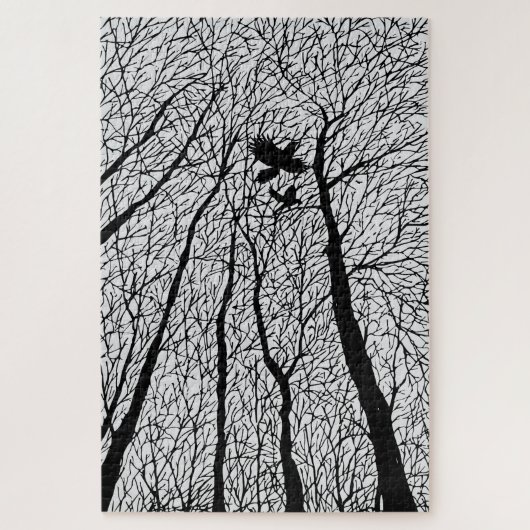 Silhouetraven in de winterbomen legpuzzel (Verticaal)