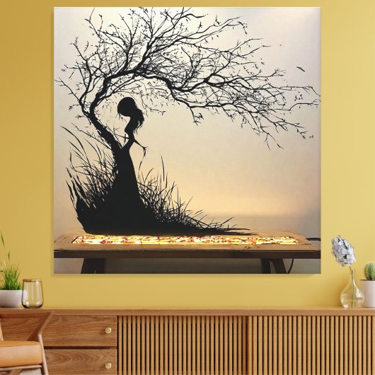 Silhouetscène van vrouw met Natuur-thema Canvas Afdruk (Insitu (Woonkamer))