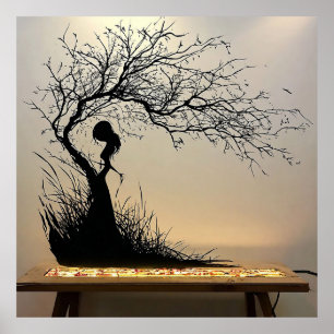 Silhouetscène van vrouw met Natuur-thema Poster