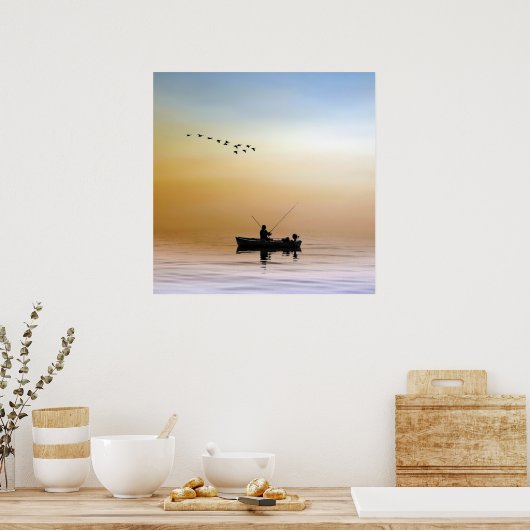 Silhouette angler op het meer poster (Keuken)