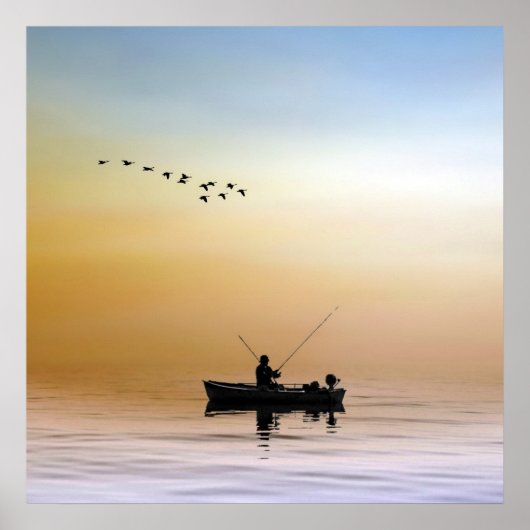 Silhouette angler op het meer poster (Voorkant)