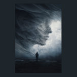 Silhouette Before Colossal Mist Face Poster<br><div class="desc">A lone suited figure stands at the threshold of an enormous, vaporous void shaped like a gigantic human profile in profile. Thick, slow-moving mist in silver-gray and pale blue coils upward to suggest forehead, closed eye, nose, and lips on an impossible scale, while cold diffused light makes every curling tendril...</div>