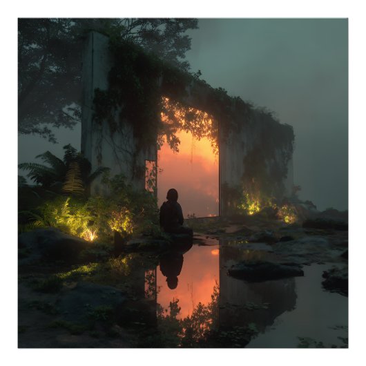 Silhouette Before Fiery Ruin Sunset Foto Afdruk (Voorkant)