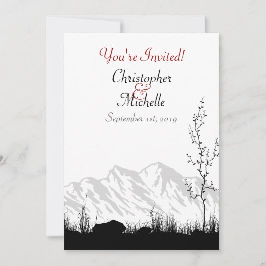 Silhouette Berg Zwart, Wit en Rood Bruiloft Kaart (Voorkant)