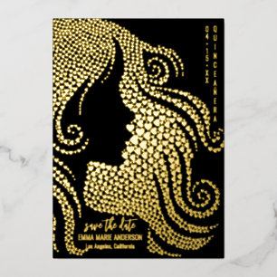 Silhouette Black Gold Quinceañera Save the Date Folie Feestdagenkaart