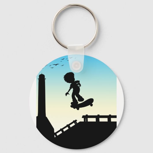 Silhouette boy skateboarden op straat sleutelhanger (Voorkant)