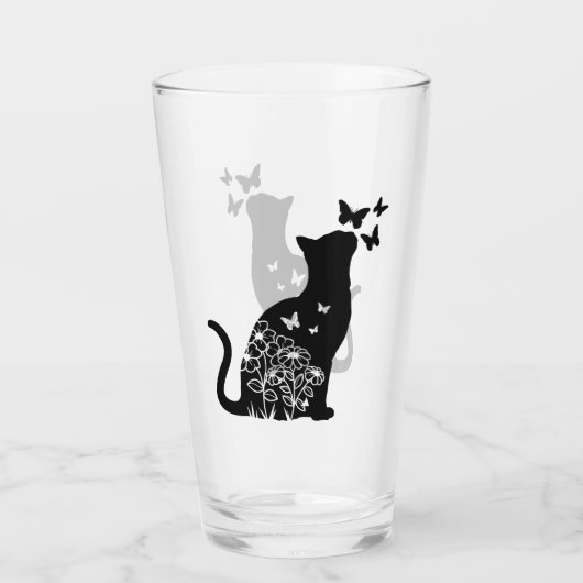Silhouette Cat & Butterflies, Cat Lover, Cat Owner Glas (Achterkant)