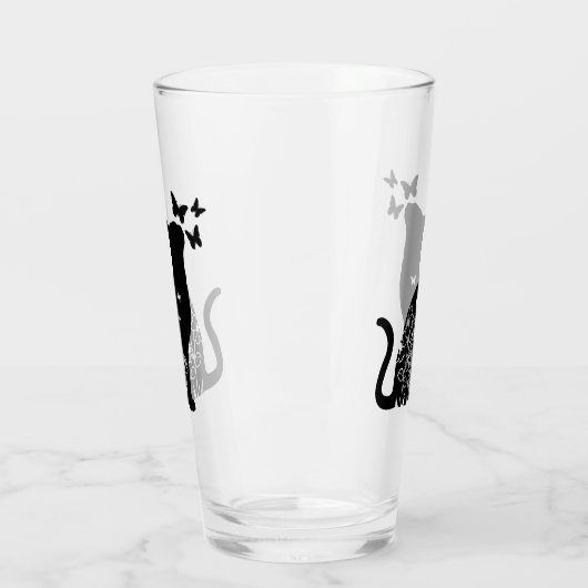 Silhouette Cat & Butterflies, Cat Lover, Cat Owner Glas (Links)