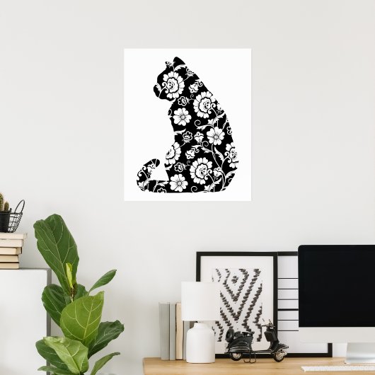 Silhouette Cat Flower Pattern Cat Lover, Cat Owner Poster (Thuiskantoor)