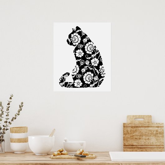 Silhouette Cat Flower Pattern Cat Lover, Cat Owner Poster (Keuken)