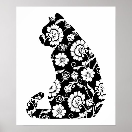 Silhouette Cat Flower Pattern Cat Lover, Cat Owner Poster (Voorkant)
