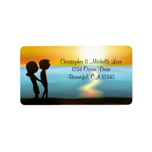 Silhouette Couple Sunset Beach Adres Etiket (Voorkant)