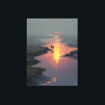 Silhouette Couple Sunset Stream Reflection Canvas Afdruk<br><div class="desc">Two silhouetted figures hold hands as they walk along a shallow stream bathed in the last warm light of sunset. The sky burns in peach, rose, and deep orange, perfectly mirrored on the still water below, while soft mist and tall grasses fade into cool gray-blue distance. Delicate rays of golden...</div>