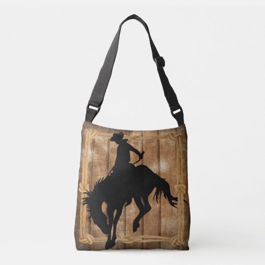 Silhouette Cowboy op een Bucking Bronco Horse Crossbody Tas (Voorkant)