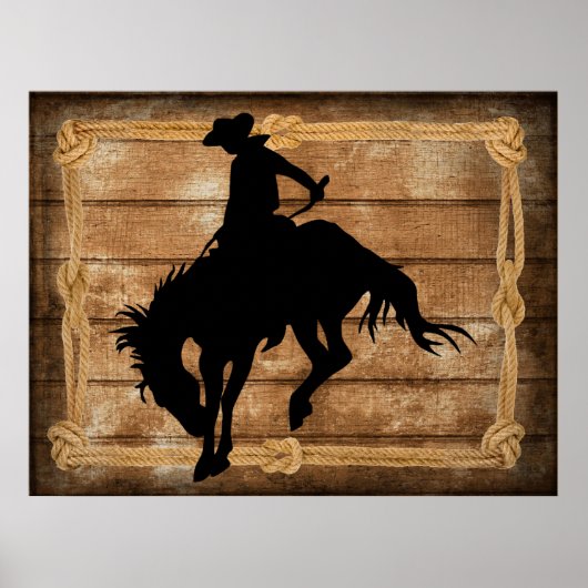 Silhouette cowboy op een bucking bronco paard poster (Voorkant)