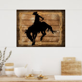 Silhouette cowboy op een bucking bronco paard poster (Keuken)