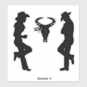 Silhouette Cowgirl Cowboy and Bull Skull Sticker