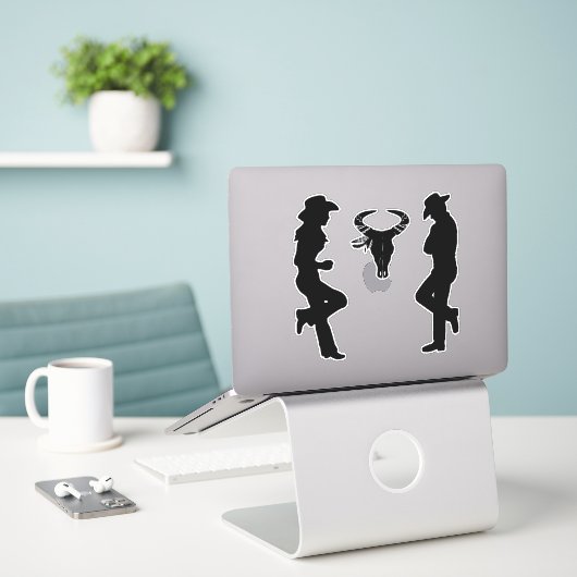 Silhouette Cowgirl Cowboy and Bull Skull Sticker (Laptop op bureau)