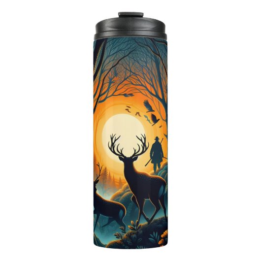 Silhouette Deer Hunter in Sunset Bossen. Thermosbeker (Voorkant)