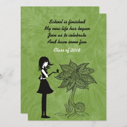 Silhouette Girl, Butterfly en Flower Afstuderen Kaart (Voorkant / Achterkant)