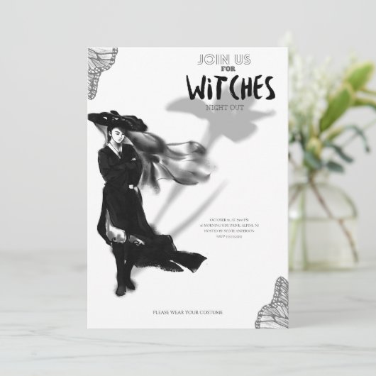 Silhouette Heks Halloween Feest Uitnodiging (Staand voorkant)